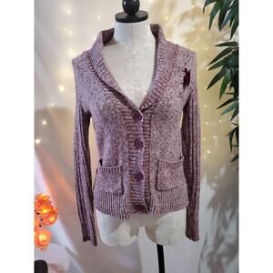 Polo Shawl Neck Embroidered Ribbed Burgundy Knit Cardigan Sweater Women's Size S